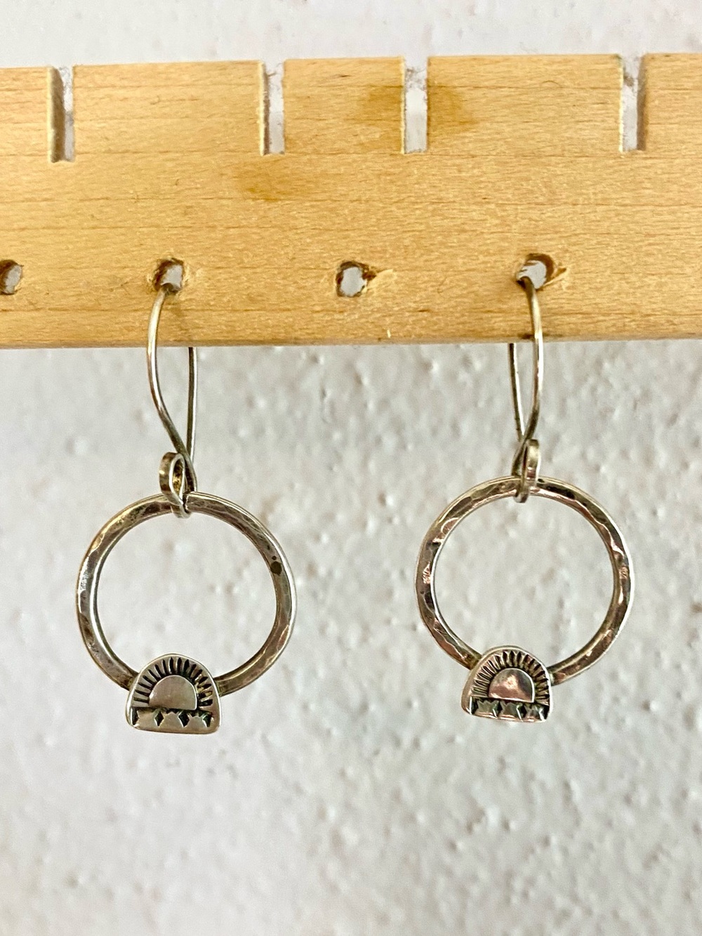Handmade boho sun sterling silver hoop circle earrings